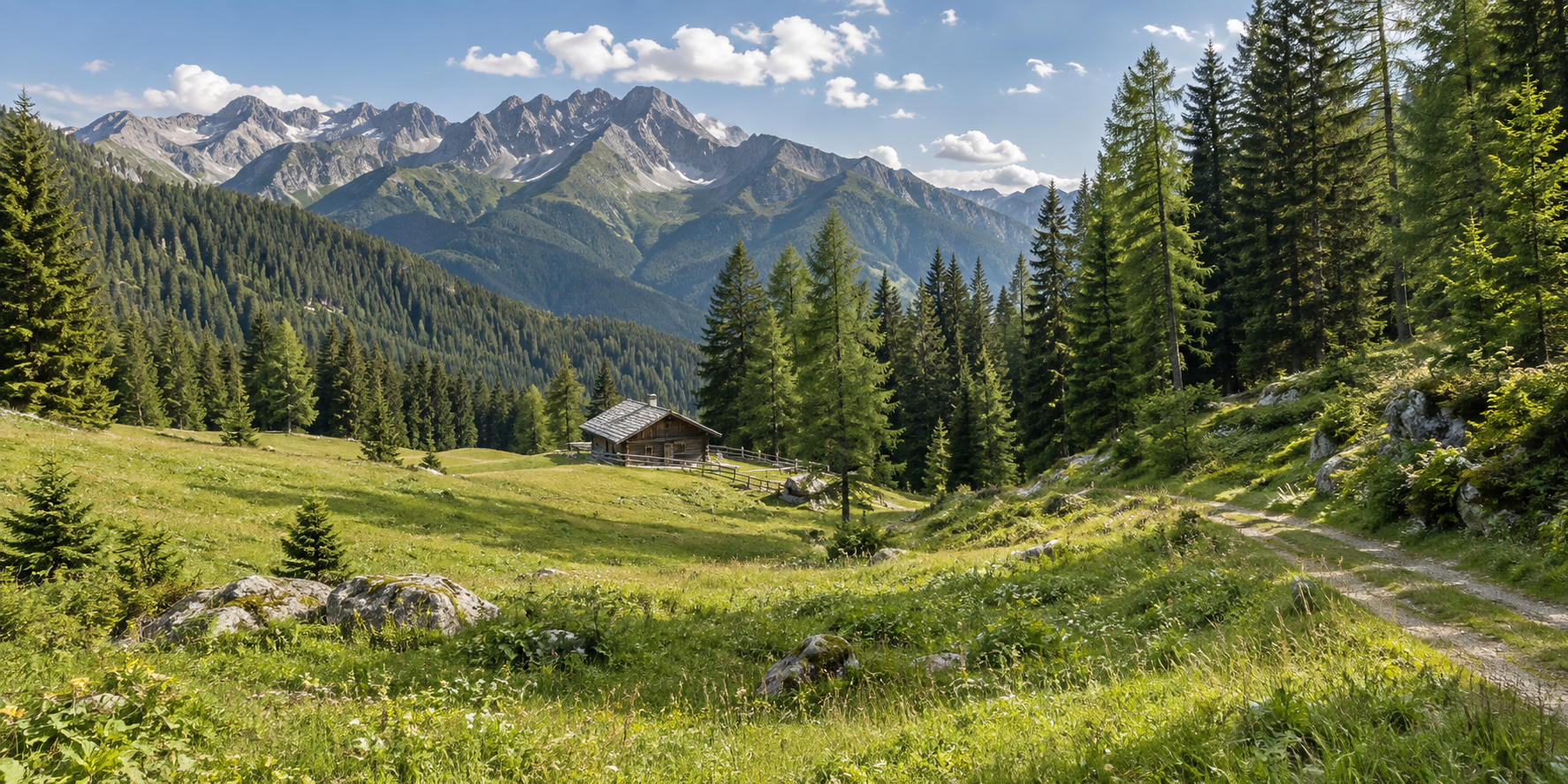 Bergwald, Almwiesen und Berghütte